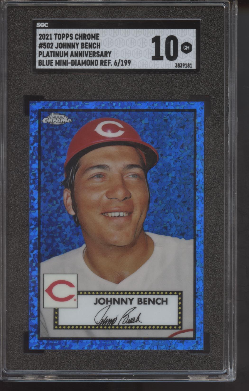2021 Topps Chrome Platinum Anniversary Baseball Blue Mini Diamond Refractor Johnny Bench #502