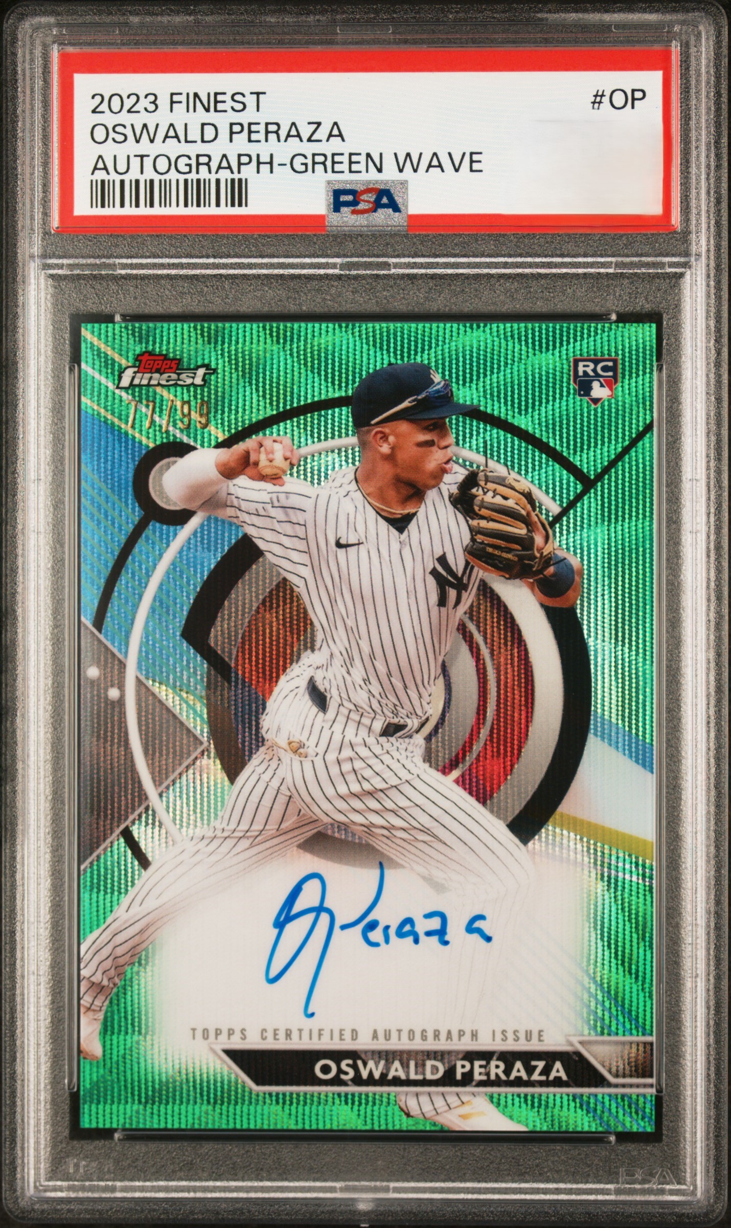 2023 Topps Finest Baseball Green Wave Refractor Oswald Peraza #FA-OP PSA 8.5