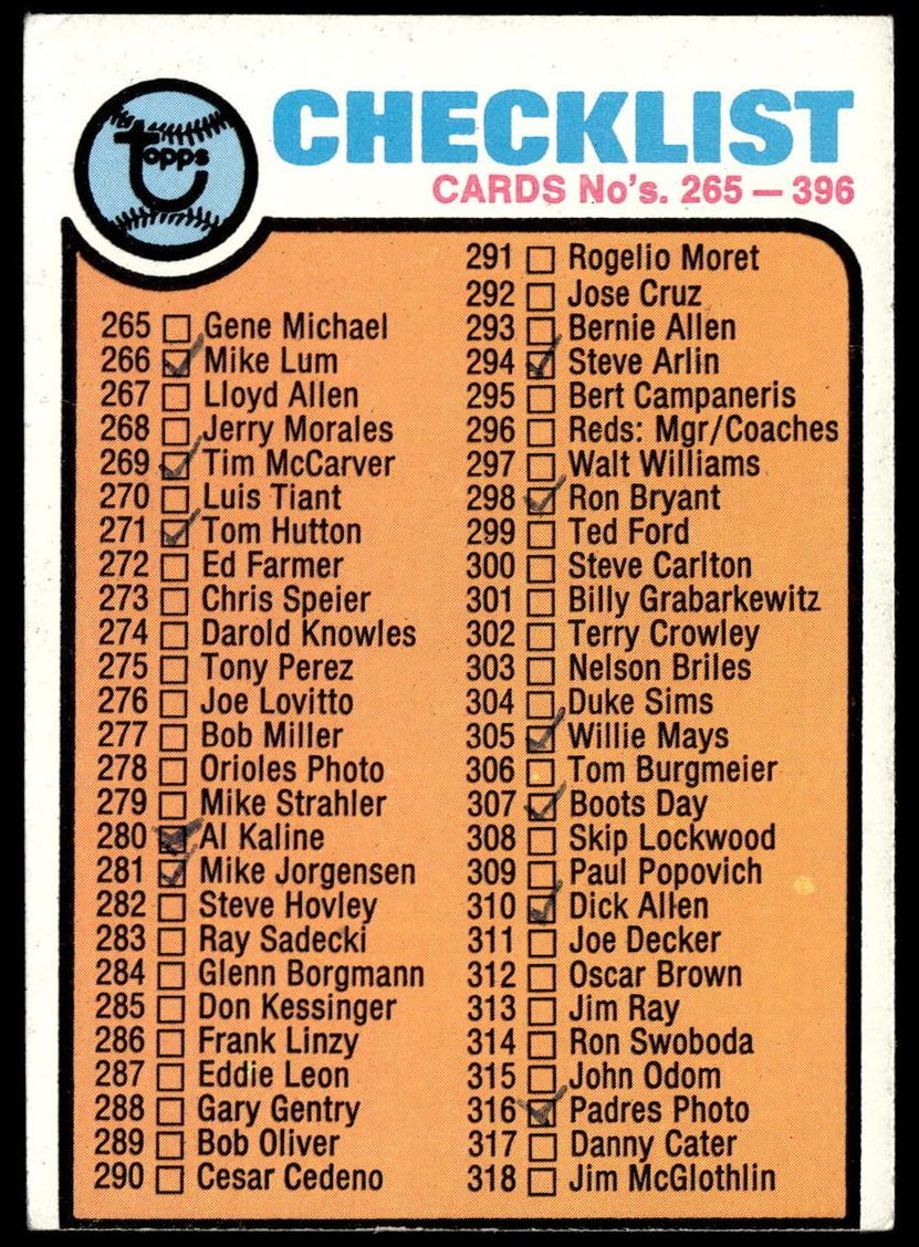 1973 Topps Checklist 265-396 #338 card