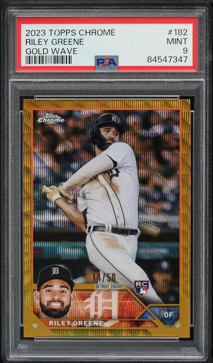 2023 Topps Chrome Baseball Gold Wave Riley Greene #182 PSA 8.5