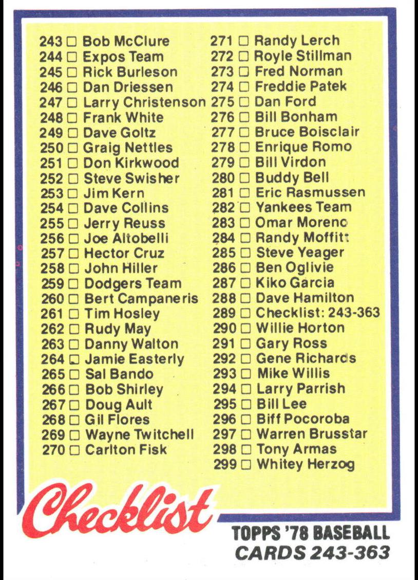 1978 Topps Checklist 243-363 #289 card