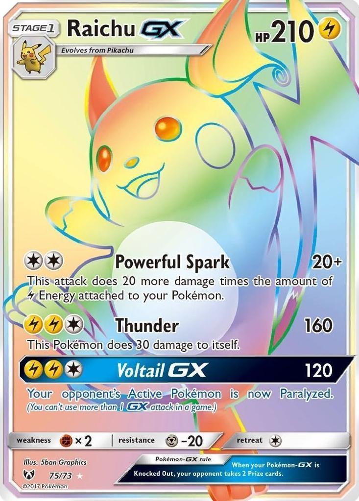 2017 Pokemon Shining Legends SECRET #75 FA/Raichu GX front