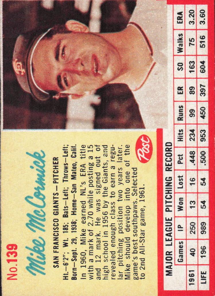 1962 Mike McCormick #139