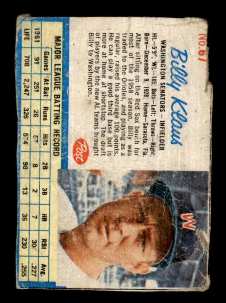1962 Billy Klaus #67