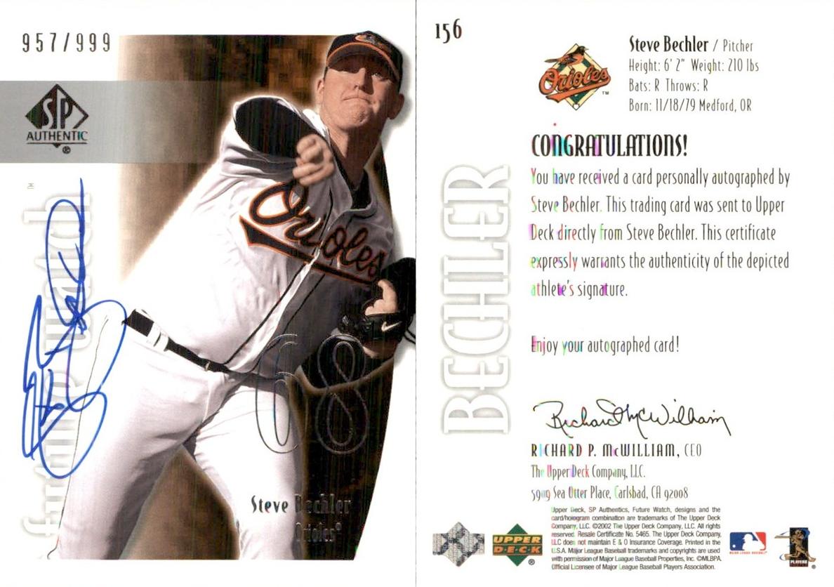 2002 SP Authentic Steve Bechler #156 card