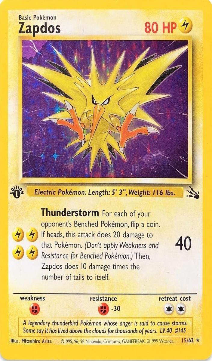 1999 Pokemon Fossil Holo #15 Zapdos front