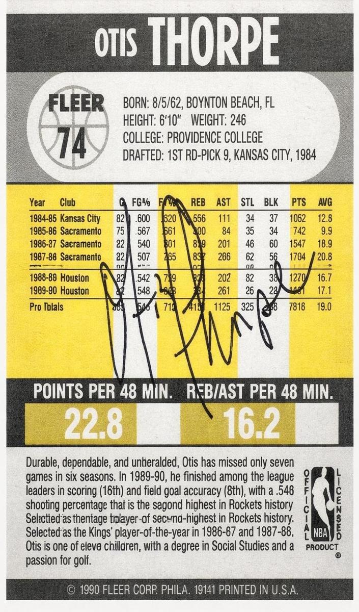 1990 Fleer Otis Thorpe #74 card