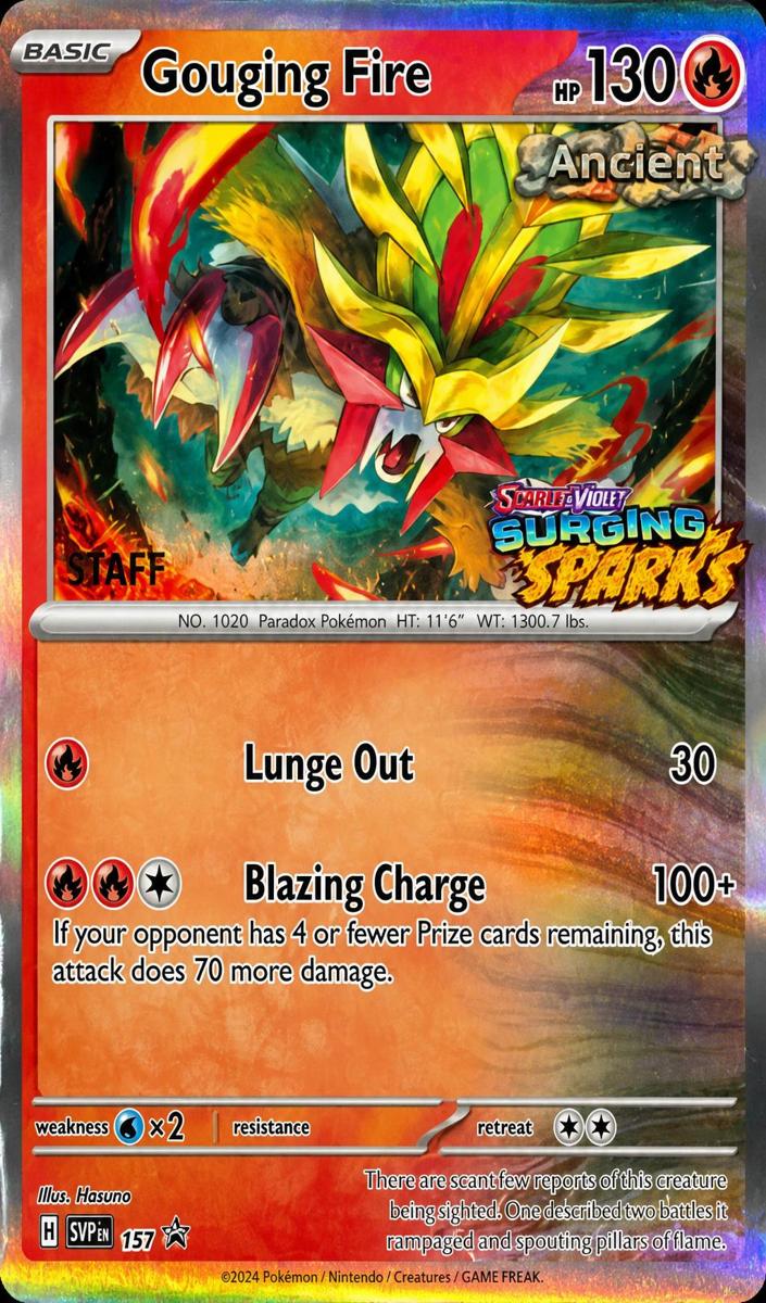 2024 Pokemon Surging Sparks Sspprerelease-Staff SSP PRERELEASE-STAFF #151 Gouging Fire front