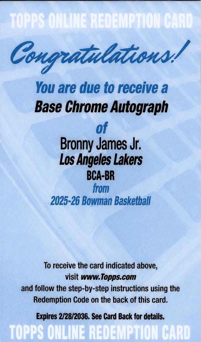 Bronny James Jr. 2025 Bowman Chrome Autographs Basketball