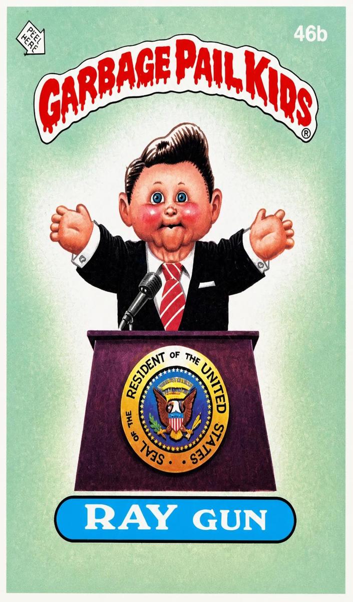 1985 Topps Garbage Pail Kids Series 2 STCKR-GLSY-SCHIZO FRAN C/L #46b Ray Gun front