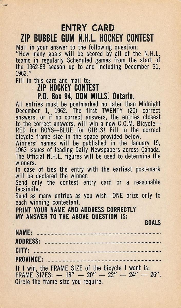 1962 Zip Hockey Contest #NNO