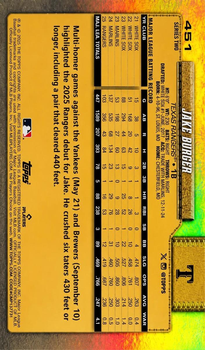 2026 Topps Jake Burger #451 card