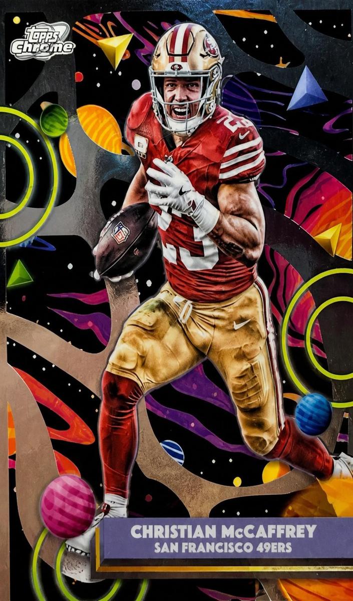 2025 Topps Cosmic Chrome Christian McCaffrey [Orange Galactic Refractor] #86 card