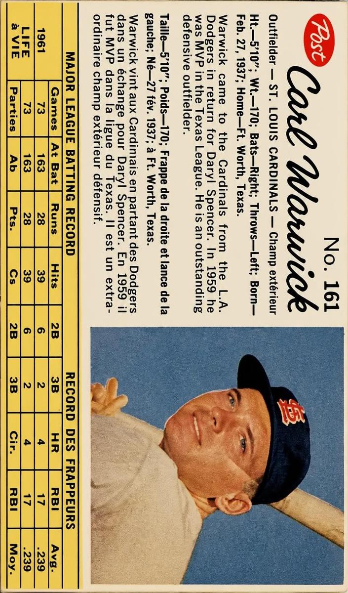 1962 Post Canadian Carl Warwick #161 card